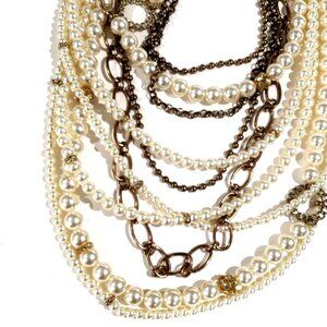 Chico's Layered Gold tone & Cream Beads Statement Necklace Fashion Jewelry